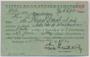 1930. Vitézi Rend Főszéktartósága a vitézi jelvény viselésére jogosító, kitöltött igazolvány, szárazpecséttel T:I-,II