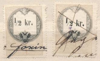 1858 2 db 1/2kr illetékbélyeg kézi érvénytelenítéssel