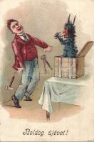 2 db RÉGI új évi üdvözlőlap, krampusz, bohóc, disznó, 1 dombornyomott és 1 litho / 2 pre-1945 New Ye...