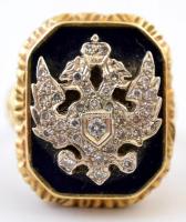 Arany (18 K) gyűrű orosz cári címerrel, gyémánt és brill kövekkel kirakva, zománc berakással, jelzett, bruttó:23,95 g, méret:65 / Gold ring, with Russian tsar coat of arms, diamond and brill gems, hallmarked