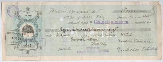 Szerencs 1930. 3db kitöltött váltó 2P-ről, bélyegzésekkel, lyukasztva T:III