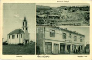 Aknaszlatina, Slatinské Doly, Solotvyno; Beomlott sóbánya, templom, Hangya üzlet / church, cooperative shop, collapsed salt mine