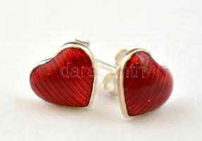 Ezüst(Ag) piros szíves fülbevalópár, jelzett, 0,9x0,8 cm, bruttó: 1,8 g