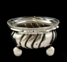 Ezüst(Ag) fűszertartó gömb lábakkal, üvegbetéttel(apró csorbával), jelzett, d: 5 cm, nettó: 25,9 g