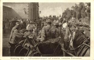 Weltkrieg 1914, Verwundetentransport auf eroberten russischen Fuhrwerken / Osztrák-magyar sebesült katonák szállítása oroszoktól zsákmányolt szekereken / WWI injured K.u.K. soldiers on Russian captured carriages