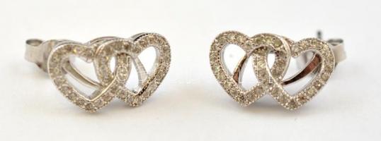 Ezüst(Ag) dupla szíves, apró kövekkel kirakott fülbevalópár, jelzett, 1,3x0,8 g, bruttó: 2,2 g