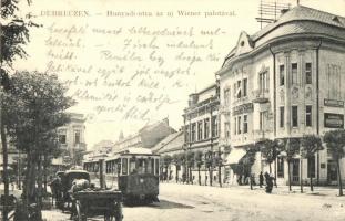 Debrecen, Hunyadi utca, új Wiener palota, Weiszman Jakab magánmérnöki irodája, Gazdasági Takarékpénztár Részvénytársaság, Royal kioszk, villamos, W. L. Bp. 5972., Mihály Sámuel kiadása (EK)