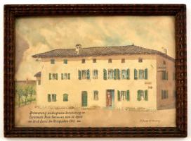 K. Gaspar: Cordovado, az osztrák-magyar laktanya épülete, akvarell, papír, jelzett, üvegezett fa keretben, 16,5×23 cm