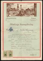 1946 Sopron városi illetőségi bizonyítvány a város képével, okmánybélyegekkel