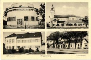 Nagysurány, Surány; Fürdő, vasútállomás, Községháza, Római katolikus templom / spa, railway station, town hall, church