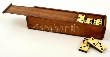 XX. sz. eleje: Régi domino készlet csontból és fából, fa tartóban. Kompletten, 45 db. 27x7x7 cm / Vintage domino, made of bone