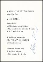 1982 Vén Emil (1902-1984) festőművész saját kezű aláírása kiállítási meghívóján,