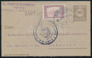1921 Díjjegyes zárt levelezőlap 50f díjkiegészítéssel, békéscsabai cenzúrával