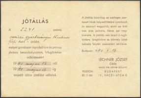 cca 1940 Lechner József órás jótállási jegye svájci órára,