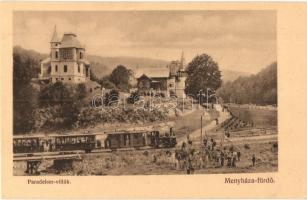 Menyháza-fürdő, Moneasa; Paradeiser villák, kisvasút vasútállomás, gőzmozdony. Illés Albert kiadása / villas, light railway station, locomotive