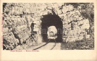 Anina, Stájerlakanina, Steierdorf; vasúti vonal alagútja, a szikla kétoldalát megmászó bátor férfival. Florianschütz kiadása / railway tunnel with two brave men climbing on both sides of the rock