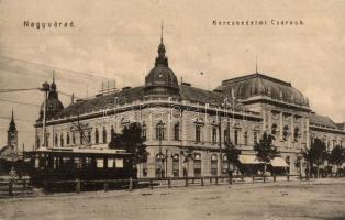 Nagyvárad, Oradea; Kereskedelmi csarnok, villamos, Silbermann üzlete. W. L. 973. / Hall of Commerce, tram, shops