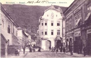 Brassó, Kronstadt, Brasov; Cérna utca, Heinrich Zintz üzlete, Schicht szappanboltja, fodrászat / street view, shops, soap store, hairdressing salon (EK)