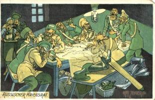 Russischer Kriegsrat / Russian war council humorous anti- Russian propaganda, alcohol, drunk soldiers, W. R. B. & Co. Serie Nr. 96. s: Zelger (EM)
