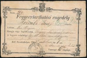 1862 Fegyvertarthatási / fegyvertartási engedély kis alnyomi lakos részére 72kr illetékbélyeggel / 1862 Gun licence for Burgenland village hunter, with tear