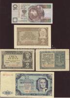 Lengyelország 1936-94. 5 klf bankjegy, benne német megszállás T:II (4x),III (1x)