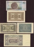 Lengyelország 1936-94. 5 klf bankjegy, benne német megszállás T:II (4x),III (1x)