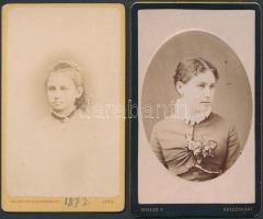 cca 1889 Dr. Lóczy Lajosné, született Marzsó Katalin, gyermekként és feleségként, 2 db feliratozott, vizitkártya méretű fénykép, 10,5x6 cm