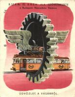 1948 Budapesti Nemzetközi Vásár, B.Sz.K.Rt. és B.H.É.V. Alk. szövetkezete reklámlap, villamos / Hungarian international fairs advertisement, tram, artist signed (fa)