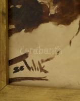 Sztelek Norbert (1884-1956): Szénaboglyák. Fapác, papír, jelzett,  üvegezett keretben, 35×46 cm