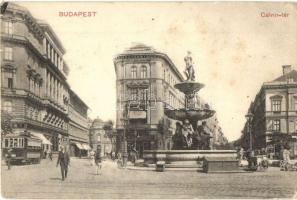 Budapest VIII. Kálvin tér, Magyar Lámpa gyár, villamos, szökőkút, Calvin kávéház, Szabó Sándor kiadása (EK)