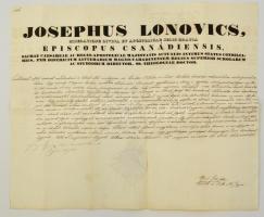 1844 Egyházi hatósági ügyben kelt okirat a Csanádi ókanonok és a kisbecskereki plébános saját kezű aláírásával, szárazpecséttel
