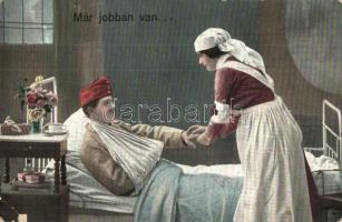 Már jobban van... / WWI K.u.K. military, injured soldier with Red Cross nurse (EK)