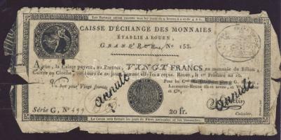 Franciaország/Rouen 1797-1803. 20Fr T:IV- Hátoldalán korabeli megjegyzések, R!
