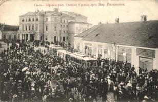 Belgrade, solemn funeral of Stevan Sremac, Serbian writer, before the National Theater, tram, tobacco shop (EM)