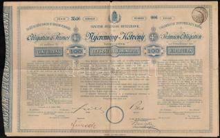 Budapest 1884. Magyar Jelzálog-Hitelbank nyeremény-kötvénye 100Ft-ról bélyegzéssel, szárazpecséttel T:III-