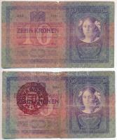 1904. 10K (2x) egyik piros "MAGYARORSZÁG" felülbélyegzéssel T:IV egyik ragasztva