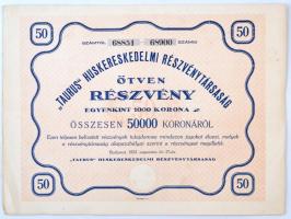 Budapest 1923. Taurus Huskereskedelmi Részvénytársaság ötven részvénye egyenként 1000K-ról, szárazpecséttel és szelvényekkel T:II