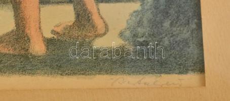 Barta Ernő (1878-1956): Éjszakai csók. Színes litográfia, papír, jelzett, 27×18 cm