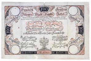 Bécs 1806. 100G Bécsi Városi Bankócédula vízjeles papíron, szárazpecséttel, kézi tintás sorszámmal T:III szakadás, ly., ragasztás R! Habsburg Monarchy 1806. 100 Gulden Wiener-Stadt Banco-Zettel on watermarked paper, embossed stamp and handwritten ink serial number C:F tear, hole, glued R! Adamo G43