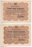 1849. 15kr "Kossuth Bankó", "A.wt.", kissé ferde nyomat + 1849. 15kr "Kossuth Bankó" "q.ww.", "BUDÁN" után ","  T:II- szép papír Adamo G102, G102h