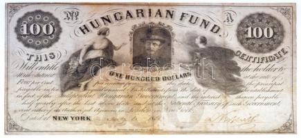 1852. 100$ "Kossuth bankó" fekete tintás kézi sorszám és dátum, Kossuth Lajos saját kezű aláírásával, bal alsó sarokban a sorszámozásnál alkalmazott rögzítés tűnyoma,  T:III 1852. 100$ "Kossuth bankó" hand written serial and date with black Ink and signature of Louis Kossuth. In the lower left corner needle hole from the fastening during the serial number writing procedure C:F hole