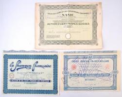 Franciaország / Párizs 1929. "La Shannon Française" "B" részvénye 100Fr-ról szelvényekkel + 1930. "Credit Foncier Franco-Bulgare" ingatlan hitel részvénye 100Fr-ról, bélyegzésekkel és szelvényekkel + Svájc / Genf 1921. "Union des Usines et des Exploitations Forestiere de Nasic (A Nasic Erdészeti Kitermelésének és Gyárainak Szövetsége)" részvénye 100Fr-ról, szárazpecséttel, bélyegzéssel és szelvényekkel T:II-III France / Paris 1929.  "La Shannon Française" "B" share about 100 Francs with coupons + 1930. "Credit Foncier Franco-Bulgare" share about 100 Francs with stamps and coupons + Switzerland / Geneva 1921. "Union des Usines et des Exploitations Forestiere de Nasic" share about 100 Francs, with embossed stamp, stamps and coupons C:XF-F