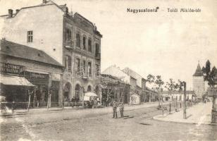 Nagyszalonta, Salonta; Toldi Miklós tér, Szalontai Lapok irodája, Schillinger Ferencz üzlete, kiadja Döme Károly / square, shops, newspaper&#039;s office