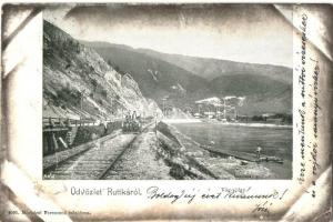 1898 Ruttky, Vrutky; Vág völgy vasútvonal, hajtány a síneken. Moskóczi Ferenczné kiadása / railway, ...