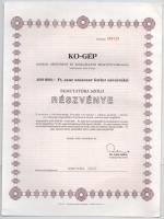 Komló 1991. KO-GÉP - Komlói Gépgyártó és Szolgáltató Részvénytársaság bemutatóra szóló részvénye 100.000Ft-ról, szelvényekkel T:I-