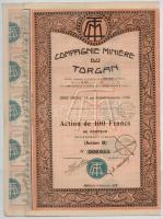 Franciaország / Párizs 1929. Torgan-i Bányásztársaság részvénye 100Fr-ról, bélyegzésekkel T:II- szakadás France / Paris 1929. Compagnie Miniere du Torgan share about 100 Francs with cancellations C:VF tear