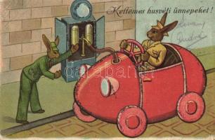 Húsvét / Easter greeting card, rabbits in automobile, decorated (EB)