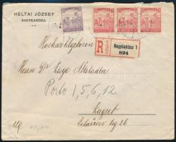 1918 Ajánlott levél Arató 3 x 10f + 15f bérmentesítéssel "NAGYKANIZSA" - Zágráb, hátoldalán 3 db Jegyezzünk hadikölcsönt levélzáró / Registered cover with 3 x 10f + 15f franking