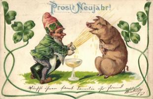 Prosit Neujahr / New Year greeting card, dwarf with pig bathing in champagne, clovers, Emb. litho (fa)