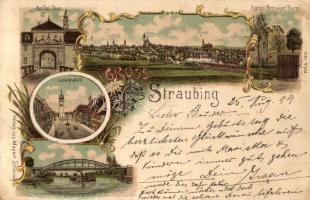 1899 Straubing, Spital Thor, Ludwigsplatz, Agnes Bernauer Thurm / hospital entrance, square, tower, bridge, steamship, Verlag Jos. Mayer, floral Art Nouveau litho (EK)